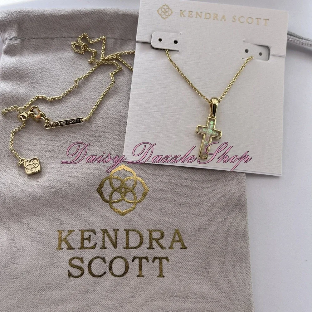 ✨Kendra Scott Cross Gold Pendant Necklace in White‎ Kyocera Opal New ✨🕊️